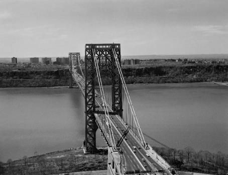 George Washington Bridge: General view of bridge looking towards New Jersey and slightly upstream 7. 'Barrel shot' looking towards Manhattan 
(HAER, NY,31-NEYO,161-6)