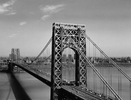 George Washington Bridge: Detail of New Jersey tower with Manhattan in background 
(HAER, NY,31-NEYO,161-8)