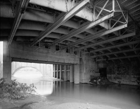 Dunlap's Creek Bridge : General view looking northeast, underside of bridge, showing widened roadbed and steel modifications