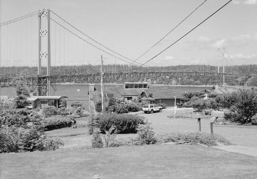 Tacoma Narrows bridge in perspective looking west from the "Millers Addition" subdivision with subdivision in foreground (HAER WA-99-2)
