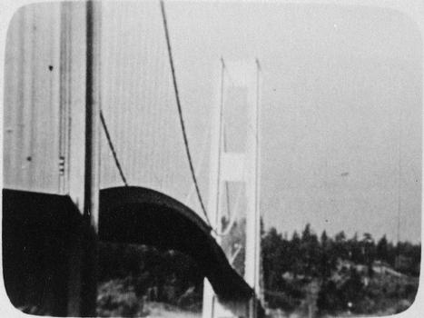 Vertical and torsional oscillations, 3/4 view, 7 November 1940, from 16mm film shot by Professor F. B. Farquharson, University of Washington. ("Laboratory studies on the Tacoma Narrows Bridge, at University of Washington" [Seattle: University of Washington, Department of Civil Engineering, 1941]) (HAER WA-99-33)