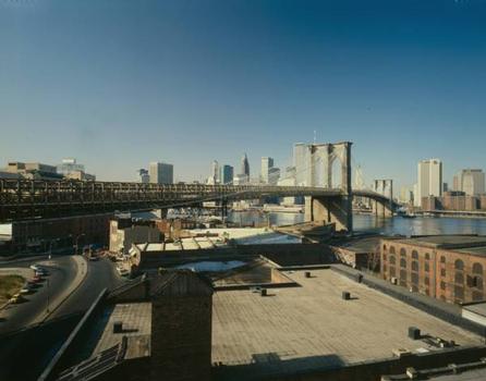 Brooklyn Bridge: 
View looking northwest from warehouse rooftop on Water Street in Brooklyn 
(HAER, NY,31-NEYO,90-76)