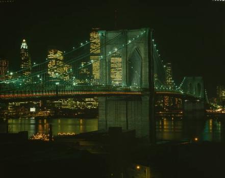Brooklyn Bridge: Night view looking northwest showing bridge lighted (HAER, NY,31-NEYO,90-78)