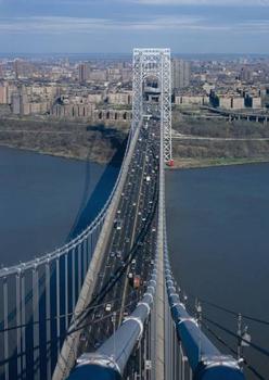George Washington Bridge: View from top of New Jersey tower to New York tower 
(HAER, NY,31-NEYO,161-68)