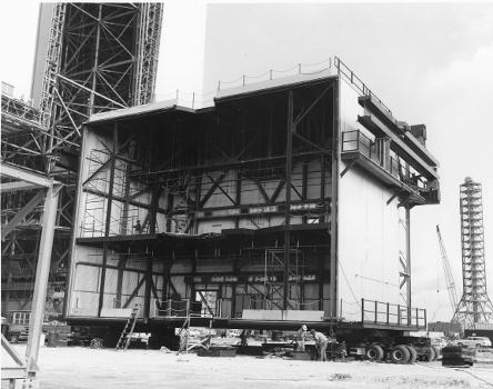 LC 39 view of service platform being prepared for erection in VAB High Bay #1.