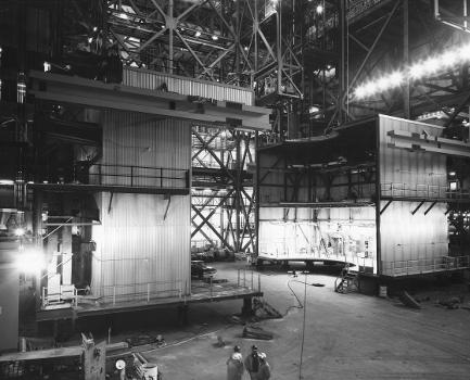 Vehicle Assembly Building (VAB): Overall views LC 39 site activation-VAB, move of platform C into High Bay 2.