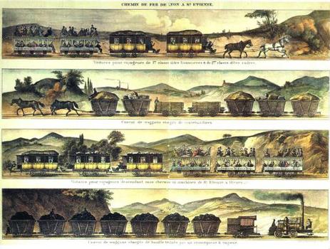 Eisenbahnstrecke Saint-Etienne - Lyon: Eisenbahnlinie zwischen Saint-Etienne und Lyon – Gravur mit der Darstellung der ersten Eisenbahnen auf der Strecke