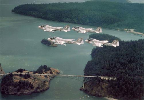 US Navy planes flying along Deception Pass Bridge
