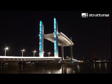 Deck of the Jacques Chaban-Delmas Bridge in Bordeaux going up at night