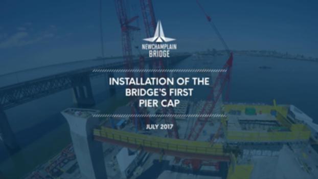 Installation of the bridge's first pier cap - July 2017 : The first pier caps of the New Champlain Bridge are installed
This summer, the team of the cable stay bridge reached another milestone installing the first pier cap of the project. The pier caps are colossal, W-shaped lateral steel girders on which the three traffic corridors will rest. Until now, eight pier caps are visible from the axe of the future bridge and the installation will go on for several months. Watch the timelapse of the operations of lifting and installation for this first pier caps.
