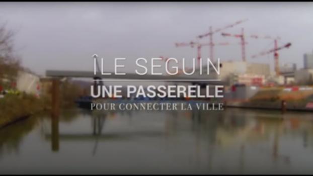 Pose de la passerelle de l'île Seguin:Vidéo de la pose de passerelle de l'île Seguin à Boulogne-Billancourt.