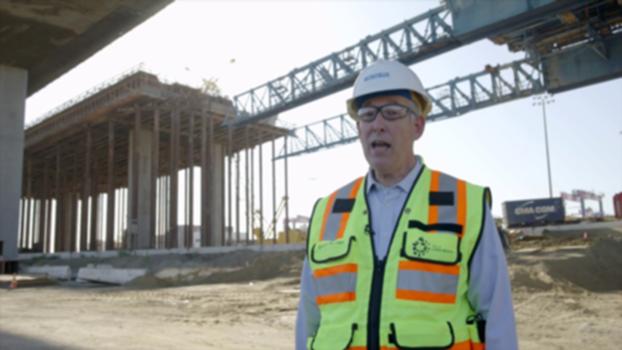 Gerald Desmond Bridge Replacement Project Update: October 2018 : In the video above, Duane Kenagy, head of the Gerald Desmond Bridge Replacement Project, discusses the completion of blue movable scaffolding system’s (MSS’) work on the project and upcoming construction of falsework over the Ocean Blvd. on-ramp to the bridge. That construction will enable the building of the final segment of the eastbound decline that will complete both approaches on the east side of the channel.