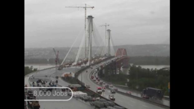 Port Mann Bridge Time Lapse:At 10 lanes, the Port Mann is the widest bridge in the world, crossing the Fraser River and connecting the communities of Coquitlam and Surrey. It took four years to build, but you can watch it take form in less than two minutes.