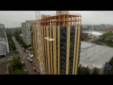 World's Tallest Wood Building - UBC Brock Commons:The final panel of the world's tallest wood structure flew into place on August 9, 2016 in Vancouver, a design collaboration between Fast + Epp structural engineers and Acton Ostry Architects. 
The 18-storey Brock Commons Student Residence at the University of British Columbia comprises a mass timber superstructure atop a concrete base. For more information, visit: www.fastepp.com.