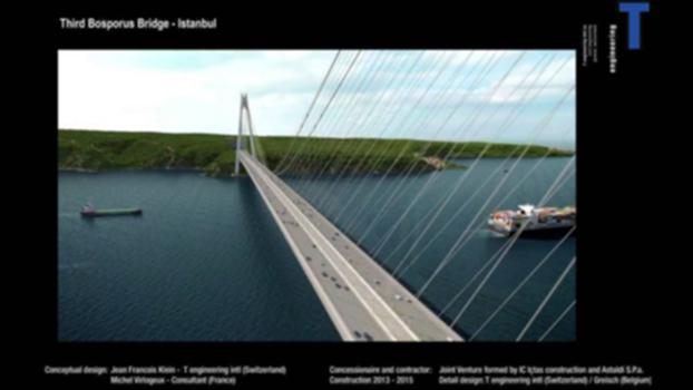 Third Bosporus Bridge - Initial concept:A view of the bridge currently under construction (completion 2016)
A high rigidity suspension bridge, Span 1'408 m
The world longest span for combined railway and road bridge with a 58 m wide deck
Conceptual design: Jean Francois klein and Michel Virlogeux 
Concessionaire and contractor: Joint Venture IC Içtas and Astalsi S.P.a.