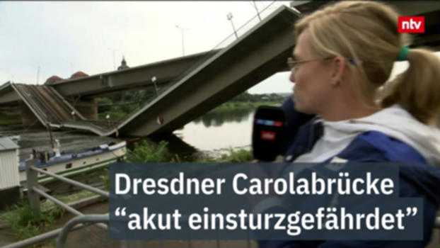 Feuerwehr warnt: Carolabrücke ist akut einsturzgefährdet - Reporterin am Abbruch-Ort| ntv:Um drei Uhr nachts werden Polizei und Feuerwehr alarmiert: Die Carolabrücke in Dresden stürzt ein. Erste Drohnenaufnahmen bei Tageslicht sollen nun verraten, was passiert ist - was noch passieren kann, berichtet ntv-Reporterin Anne Schneemelcher vor Ort. 
Feuerwehr rätselt über Ursache
Carolabrücke in Dresden teilweise eingestürzt
https://www.n-tv.de/panorama/Carolabruecke-in-Dresden-teilweise-eingestuerzt-article25218789.html
Kanal-Abo: https://www.youtube.com/c/ntvNachrichten?sub_confirmation=1
#ntv #Nachrichtensender
https://ntv.de/impressum