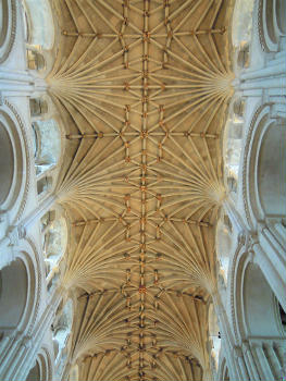 Cathedral, Norwich, England:The Nave ceiling inside Norwich Cathedral. The ceiling dates to 1480s, with roof bosses depicting Old Testament themes. Central boss depicts Israelites' crossing of the Red Sea.