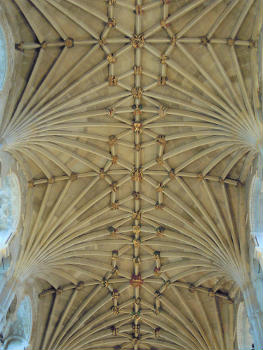 Cathedral, Norwich, England:The Nave ceiling inside Norwich Cathedral. The ceiling dates to 1480s, with roof bosses depicting Old Testament themes. Central boss depicts Israelites' crossing of the Red Sea.