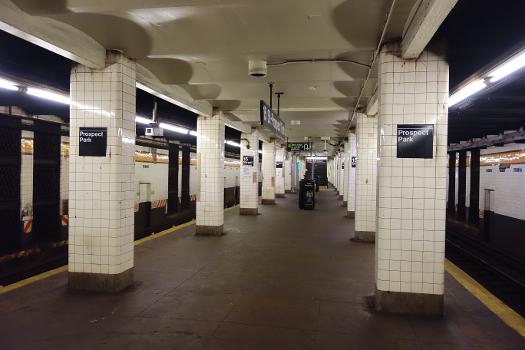 Looking south from the center of the 15th Street – Prospect Park IND station : Near Bartel-Prichard Square under Prospect Park West and 16th Street in Park Slope / Windsor Terrace, Brooklyn. The station's single platform, tiled beams, and general decay make it feel similar to the Grant Avenue IND station.