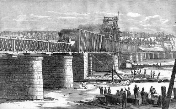 1866 drawing of the New York Central Railroad bridge over the Hudson River at Albany