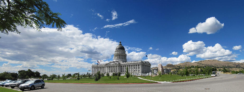 panorama front, South East corner perspective, August 2010 after vegetation has recovered from renovations. Ensign peak is visible in the background, with its obelisk-like monument perched on top.