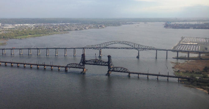 View of the Newark Bay Bridge from an airplane heading for Newark Airport-cropped