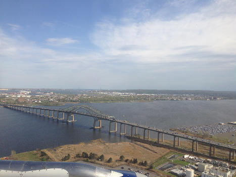 Newark Bay Bridge seen from an airplane heading for Newark Liberty International Airport