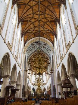 The interior of the Saint Bavo church in Haarlem:Taken from beneath the pipe organ, looking east towards the choir.