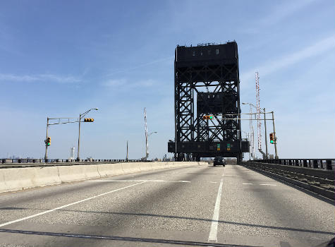 View east along Communipaw Avenue (northbound on U.S. Route 1 Truck and U.S. Route 9 Truck) crossing the Hackensack River lift bridge from Kearny to Jersey City, New Jersey