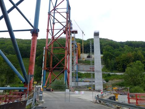 Filstalbrücke:Viaduc construction near Wiesensteig, Baden-Württemberg in August 2018. Not far from E52, interrupted in Mühlhausen.