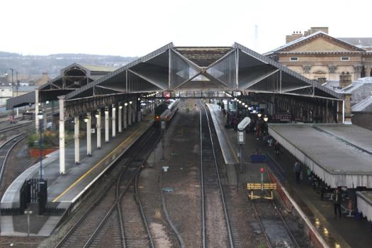 Looking north through the train shed at Huddersfield station in West Yorkshire.