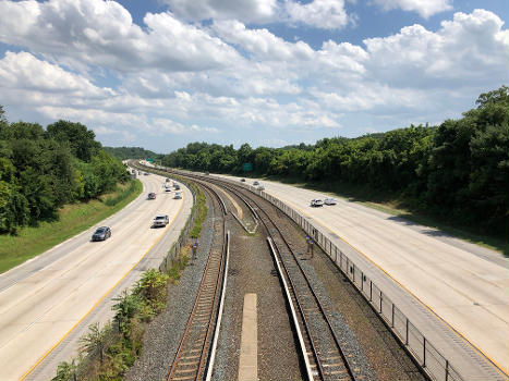 View south along Interstate 795 (Northwest Expressway) from the overpass for McDonogh Road on the edge of Garrison and Randallstown in Baltimore County, Maryland