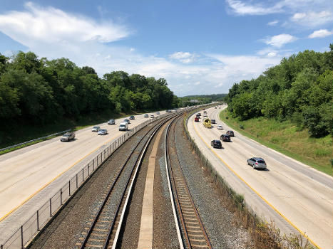 View north along Interstate 795 (Northwest Expressway) from the overpass for McDonogh Road on the edge of Garrison and Owings Mills in Baltimore County, Maryland