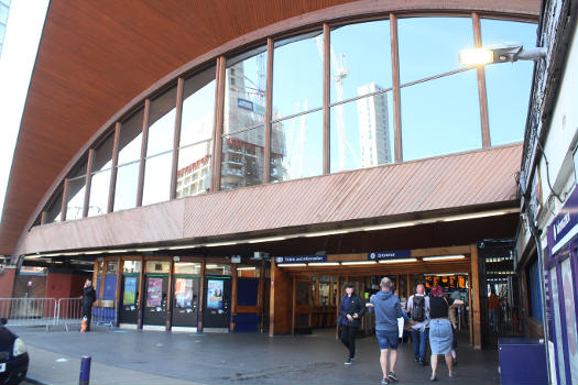 The entrance to Oxford Road station in Manchester : The distinctive wooden buildings date from 1960.