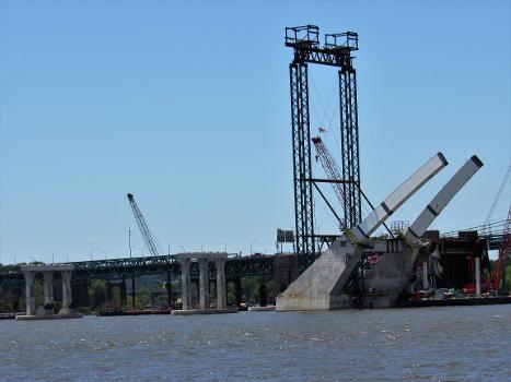 I-74 Bridge construction from the river bank in Bettendorf, Iowa