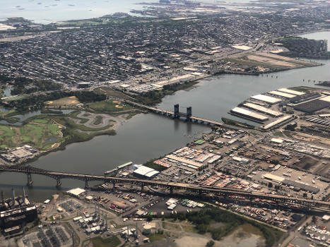 Aerial view of U.S. Route 1 and U.S. Route 9 (Pulaski Skyway) (lower left) and U.S. Route 1 Truck and U.S. Route 9 Truck (Lincoln Highway) (center) as they cross the Hackensack River between Kearny and Jersey City in Hudson County, New Jersey