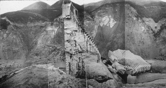 A view of the St. Francis Dam failure after collapse