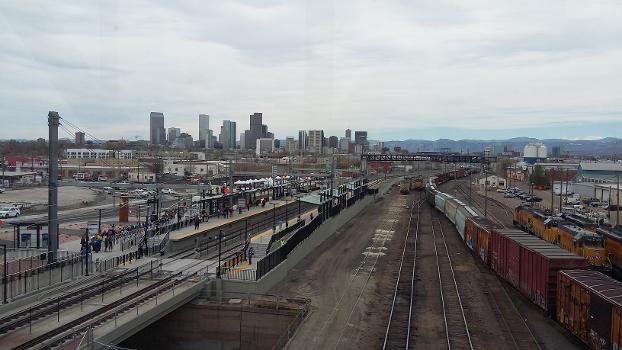 View toward downtown Denver at 38th &amp; Blake Station during the Grand Opening of the University of Colorado A Line