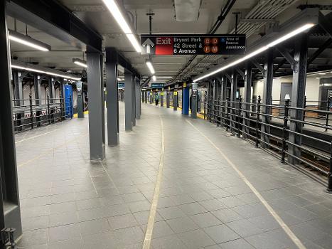 Reconfigured island platform in the Times Square 42nd st Shuttle station