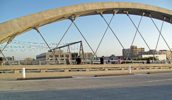 Suspension of the arches on the 6th Street Bridge, Los Angeles. Looking northeast.