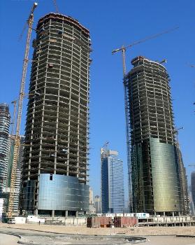 AG Tower (on the left) and AU Tower (on the right), located in Jumeirah Lake Towers in Dubai, United Arab Emirates