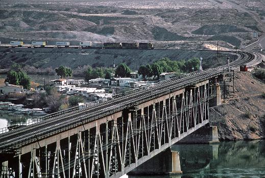 Westbound train approaching the Colorado River bridge at Topock, AZ