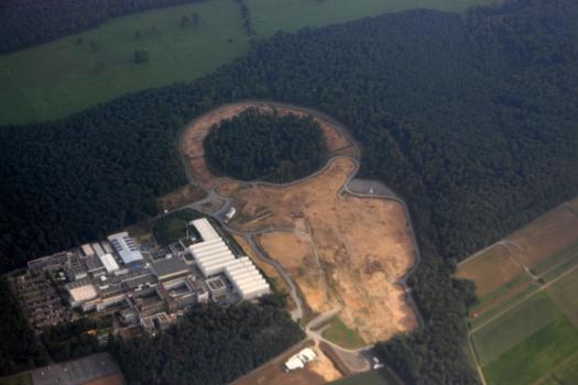 Luftbild auf die Baumaßnahmen von FAIR, der Facility for Antiproton and Ion Research