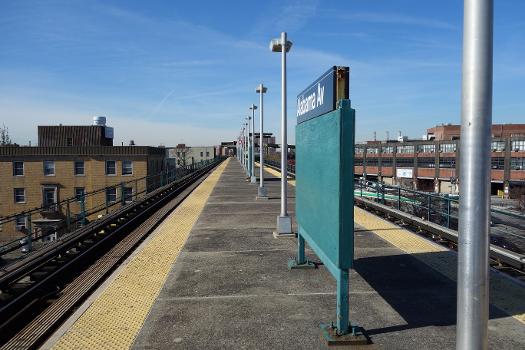 Looking west from the east end of the Alabama Avenue station, at Fulton Street between Sheffield Avenue and Pennsylvania Avenue in East New York
