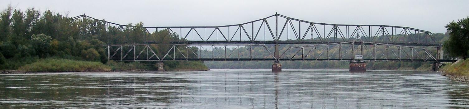 Amelia Earhart Bridge & Atchison Rail Bridge:The Amelia Earhart Bridge (the taller bridge, in background) over the Missouri River between Atchison, Kansas and Buchanan County, Missouri. The lower bridge in foreground is a rail bridge.