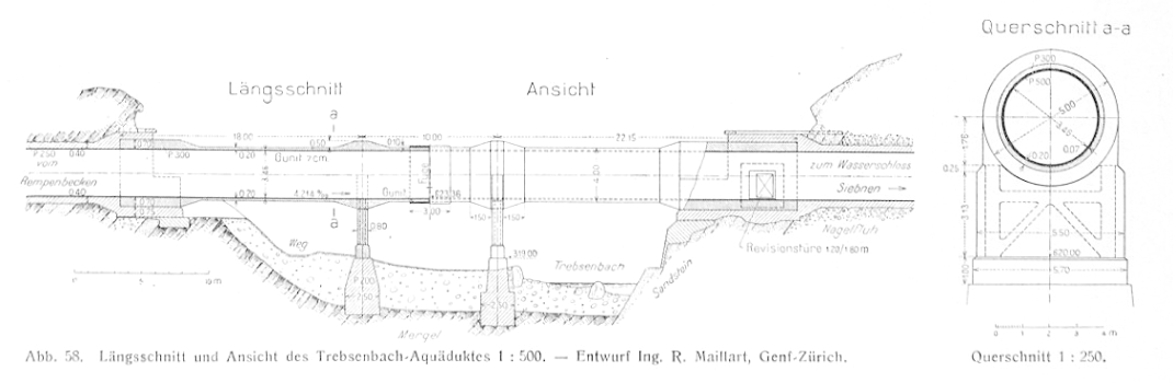 Bauplan des Aquädukts über den Trepsenbach von Robert Maillart für das Kraftwerk Wägital, 1923; Schwyz, Schweiz
