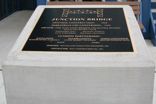 Plaque at Junction Bridge : In 2002, the Arkansas Highway and Transportation Department approved grant funds to the three governmental entities totaling approximately $1 million for use in constructing improvements to the bridge. The Cities of Little Rock, North Little Rock, and Pulaski County have committed an additional $200,000. McClelland Engineering conducted the engineering studies required for the AHTD application and funding. The engineering assignment included a structural analysis and an underwater inspection of the bridge. The AHTD grant also became the stimulus for an extensive planning process involving citizens from both sides of the Arkansas River.