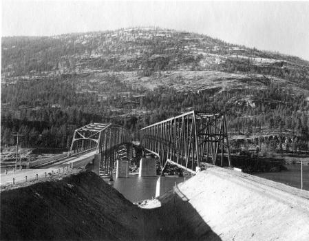 East approaches to highway and railroad bridges across the Columbia River reservoir at Kettle Falls