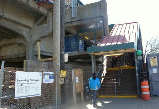 Looking west at eastern stair of Beach 67th St station under rehab