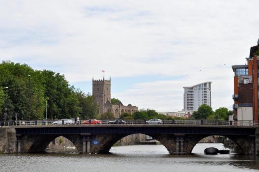 Church and a building from Cabot Circus visible behind Bristol Bridge.